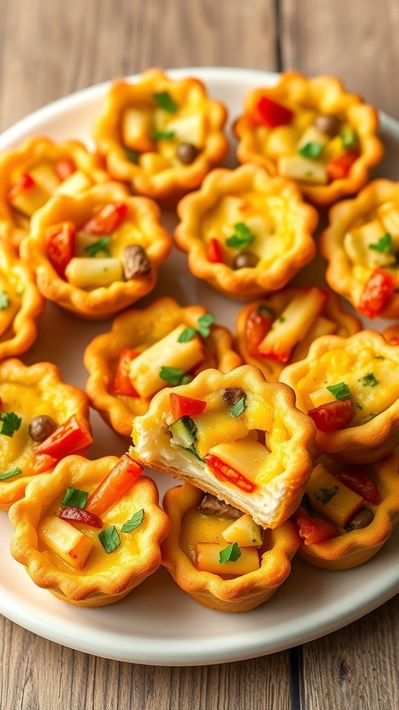 A platter of mini quiche cups with colorful fillings, garnished with herbs, on a rustic wooden table.
